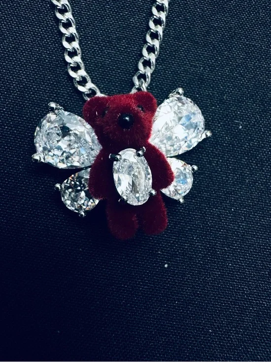 Women's Silver Chain Necklace with Burgundy Velvet Teddy and Crystal Wings - Picture 2 of 8